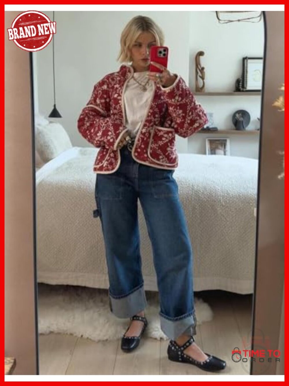 Cropped Puffer Quilted Jacket Vintage Floral Print Open Front Lightweight Short - Picture 2 of 6